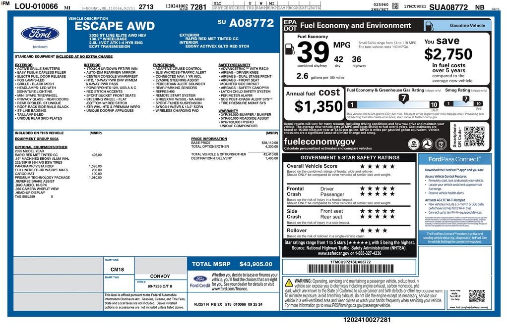2025 Ford Escape Hybrid ST-Line Elite AWD | Prem Tech Pkg | Pano Roof | 360 Cam