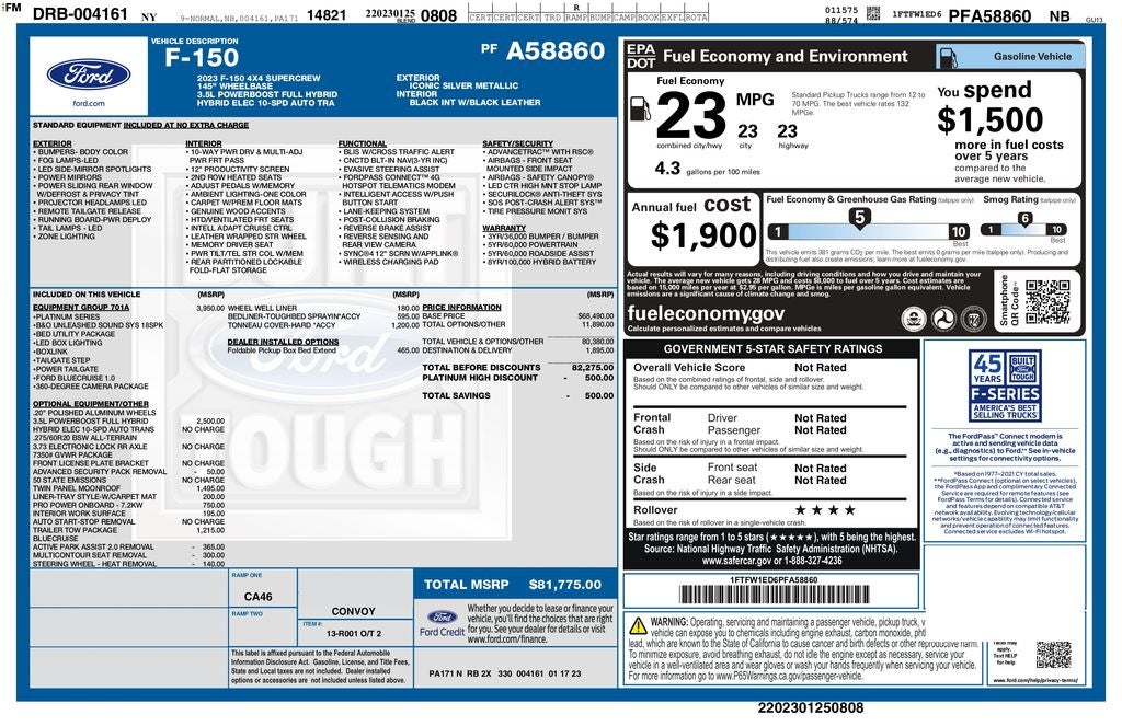 2023 Ford F-150 Platinum 4WD | Pano Roof | 360 Cam | Trailer Tow Pkg