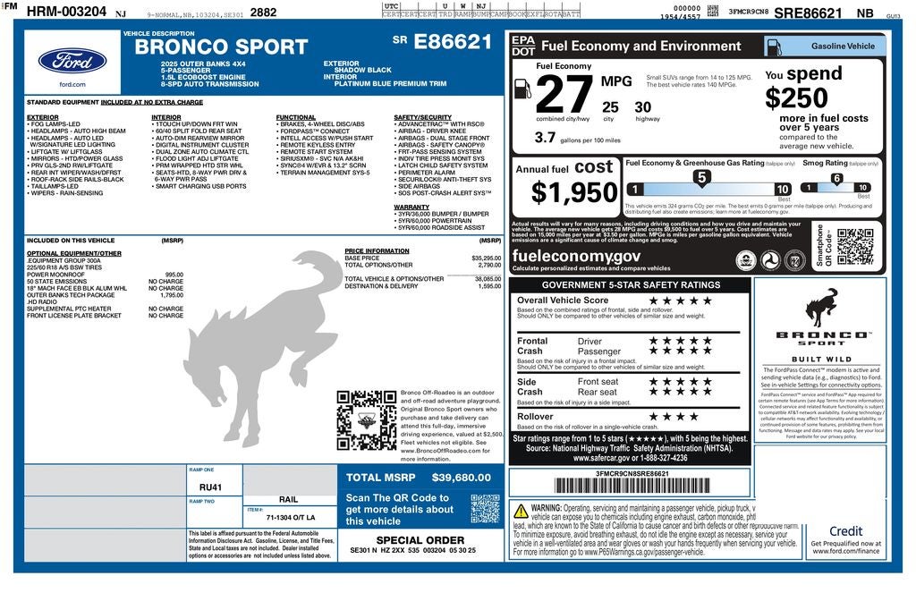 2025 Ford Bronco Sport Outer Banks 4WD | Moonroof | 360 Camera | Tech Pkg+