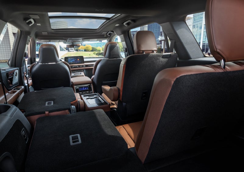 The interior of the 2025 Lincoln Aviator® SUV is shown with two seats folded down for added space. | Ted Britt Chantilly Lincoln in Chantilly VA