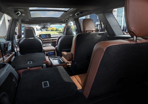 The interior of the 2025 Lincoln Aviator® SUV is shown with two seats folded down for added space. | Ted Britt Chantilly Lincoln in Chantilly VA