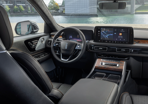 The interior of the 2025 Lincoln Aviator® SUV is shown parked with a view of a harbor through the windshield. | Ted Britt Chantilly Lincoln in Chantilly VA