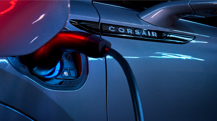 A charger plugged into the charging port of a 2025 Lincoln Corsair® Plug-in Hybrid model. | Ted Britt Chantilly Lincoln in Chantilly VA
