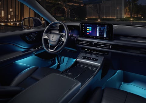 Deep blue Ambient Lighting glows from various places within a 2026 Lincoln Aviator® SUV. | Ted Britt Chantilly Lincoln in Chantilly VA